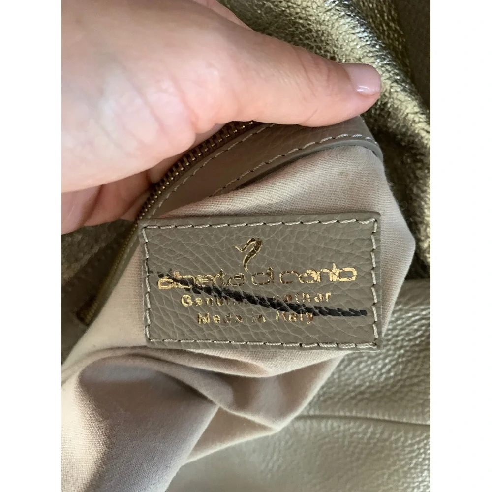 Alberta Di Canio Taupe Pebbled Leather Foldover Shoulder Bag Made in Italy Gold